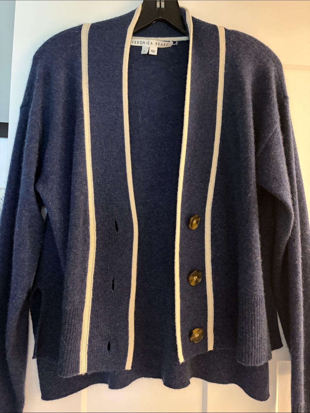 Veronica Beard Navy Cardigan with Cream Trim and Button Front